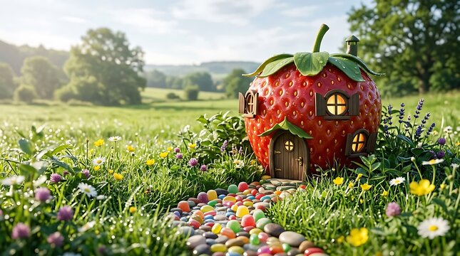 Rumah dari stroberi besar di taman dengan jalan batu warna-warni dan suasana cerah di alam terbuka