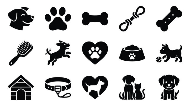 Collection of black and white icons representing various dog-related items and activities, including a dog's head, paw prints, bones, toys, grooming brush, house, collar, and food bowl.