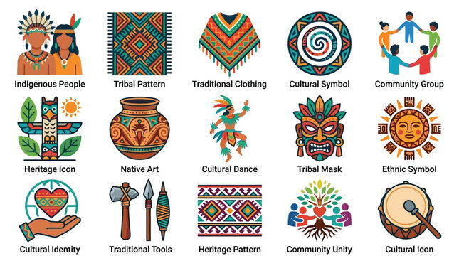 Collection of colorful icons representing indigenous culture, heritage, and community symbols.
