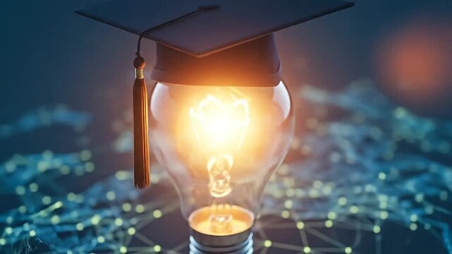 A glowing light bulb with a graduation cap symbolizes knowledge and education concepts