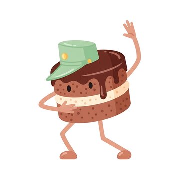 Animated pastry in the form of a person with arms and legs, wearing a green cap. Isolated on a white background