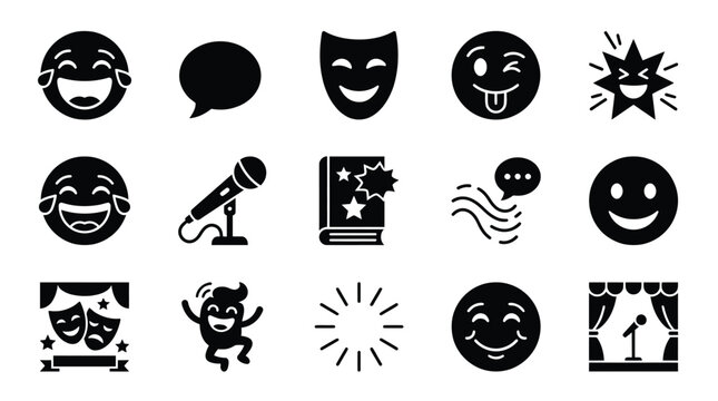 A collection of black and white icons representing various aspects of comedy, performance, and entertainment, including laughing faces, masks, microphones, and stages.