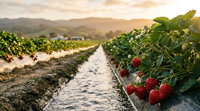 Tanaman Stroberi segar di ladang pertanian dengan pemandangan alam yang indah di pagi hari