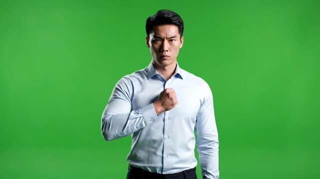 A serious Asian man in a white shirt holds up his hand to signal refusal or rejection against a green background.