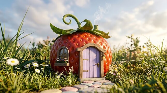 Kebun Cerita Miniatur dengan Rumah Jamur dari Stroberi di Alam Terbuka