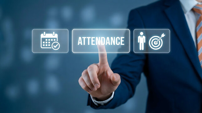 Professional businessman presses a glowing virtual attendance button on a modern digital interface