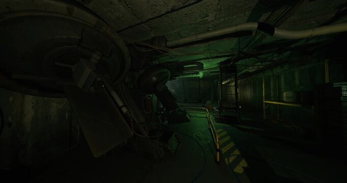 derelict reactor chamber with turbines, corroded generator housings and cooling pipes, steam vents and ash deposits, collapsed walkways and hanging cables,