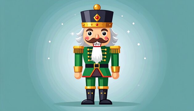 Animated depiction of a traditional toy soldier. The figure is wearing a green uniform with gold accents and a black hat. Its details are highlighted by light and sparkles