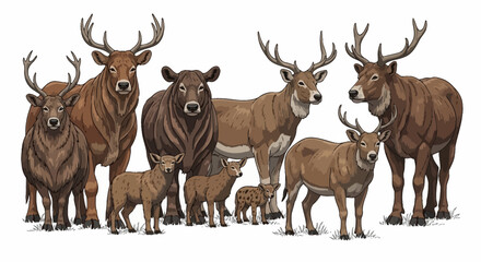 A cute cartoon illustration set of different wild deer and reindeer vectors featuring antlers and stags isolated on white for Christmas wildlife nature designs © nisrinaicca