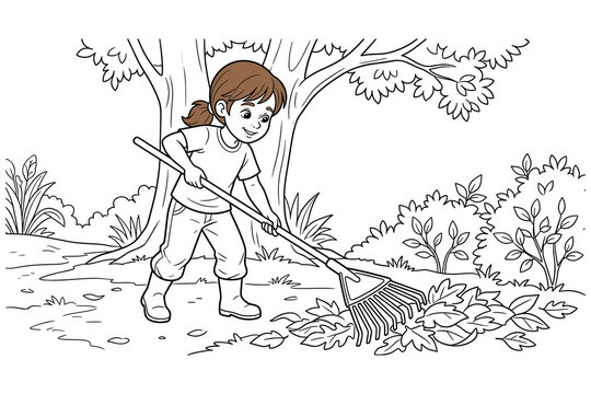 Young girl raking autumn leaves in garden under tree, outdoor activity.