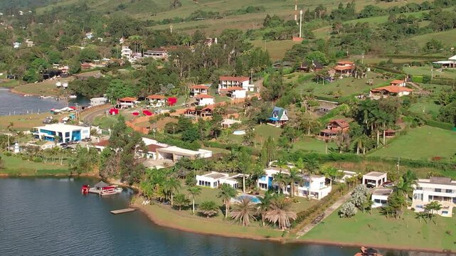 Aerial view of guatape reservoir and lakeside village