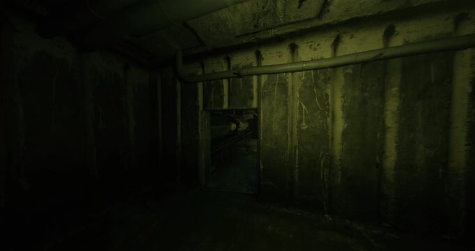 dim service corridor with exposed cables and metal grating walkway, overhead support beams and patchy illumination, wet floor and corroded fittings, maintenance
