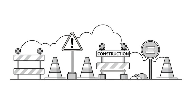 Road Construction Site Safety Signs and Traffic Barriers Vector Line Art Illustration