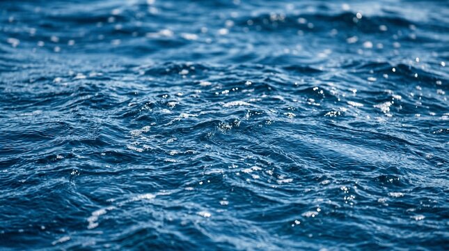 Deep Blue Ocean Water Surface with Sparkling Sunlight Reflections and Riptide Ripple Texture