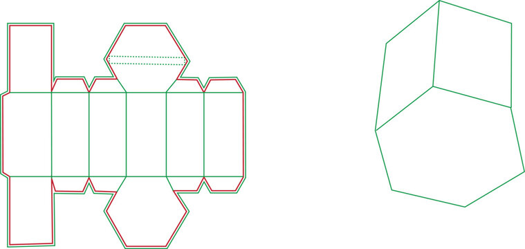 Hexagonal packaging box die cut template with 3D mockup and folding lines for product design