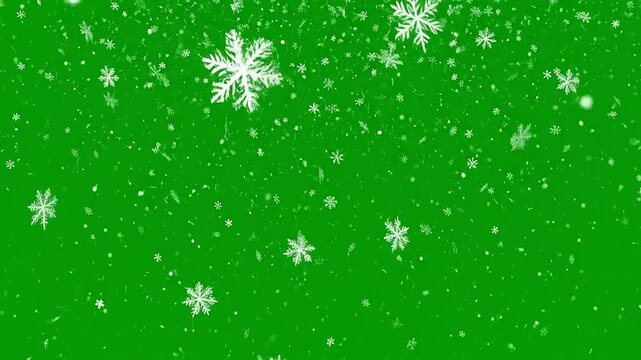 Falling snowflakes on a vibrant green background create a festive and wintery atmosphere for
