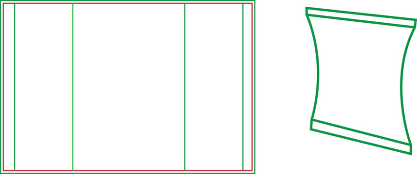 Flexible flow pack sachet packaging die-cut line template with 3D realistic mockup for food or cosmetic product branding.