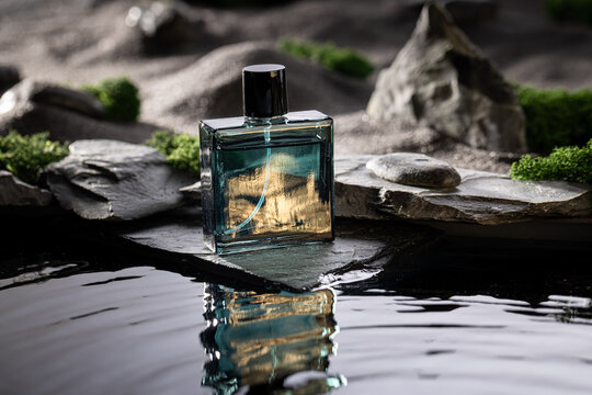 Modern blue perfume in the wilderness with access to water.