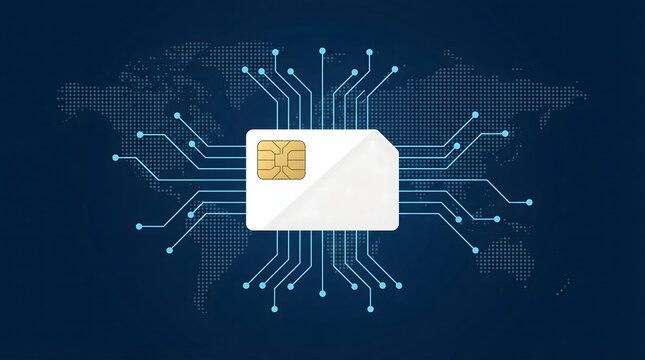 A SIM card integrates with a digital circuit grid connecting across a dotted world map background