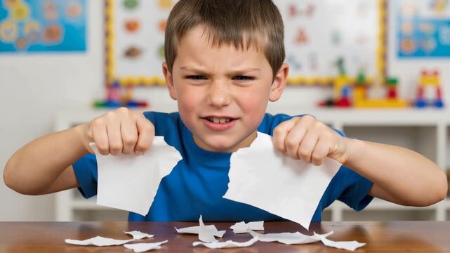 Angry young boy tearing paper at a desk in a classroom. Frustrated child having a tantrum and screaming. Childhood behavioral issues and autism concept