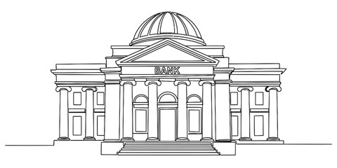 A detailed black and white line drawing of a classic bank building with columns and a dome roof. © Sojib