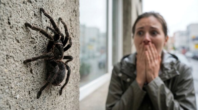 Woman's Fearful Reaction to Giant Spider on Wall