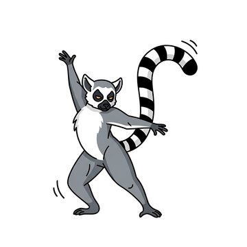 Cartoon illustration of a dancing ring-tailed lemur with raised arms, a striped tail, and a playful expression