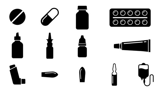 Pharmacy Medicine Icons Set, Pharmaceutical Products and Medication Silhouettes Collection