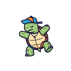 Obraz premium Animated turtle, cap tilted, dancing confidently, wearing shorts and vest, joyful expression, on a white background, simple lines