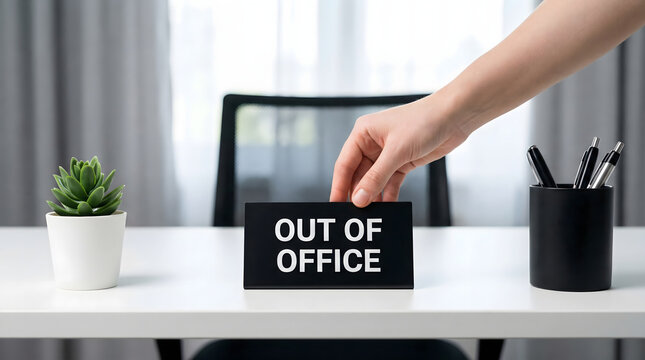 A hand places an out of office sign on a white desk in a modern office environment