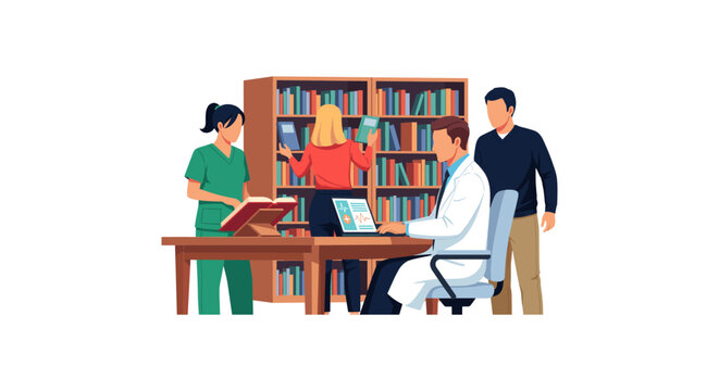 Medical team collaborating in library, doctor using laptop at desk, nurse reading a book, woman organizing books on shelves, and man observing, group study environment.
