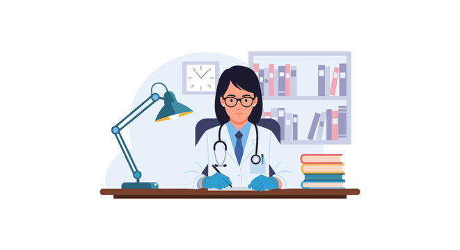 Female doctor in glasses and stethoscope diligently writing notes at desk, illuminated by desk lamp, with bookshelf and stack of books in background.