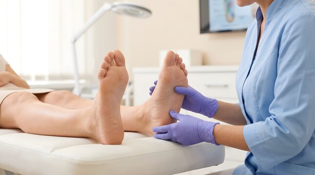 Podiatrist in purple gloves massaging patient foot in clinic