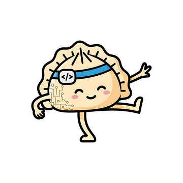 Animated dumpling character with a headband and circuit design, doing a one-legged pose, smiling with cute expression