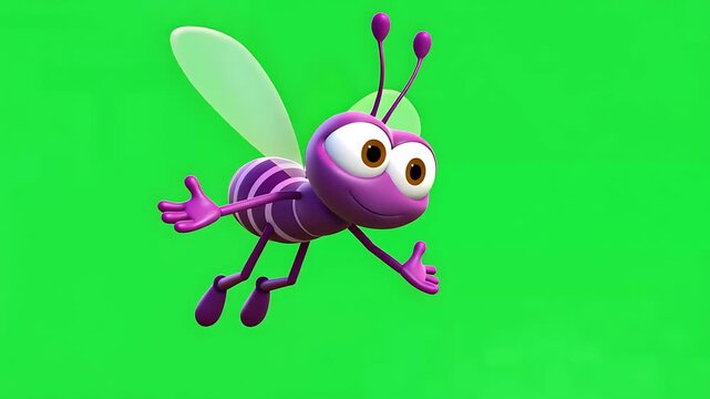 Adorable 3D cartoon purple bee or fly character flying, isolated on chroma key green screen background