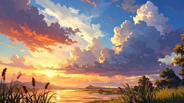 A beautiful landscape painting of a sunset with clouds over a body of water and land area
