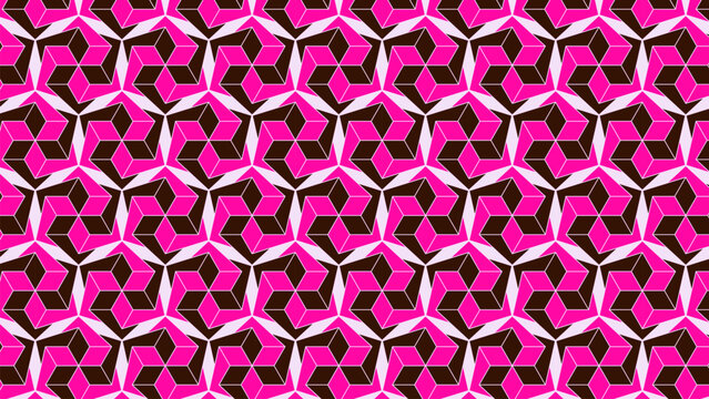 Seamless 3D geometric pattern of pink and brown impossible hexagonal stars on light background.
