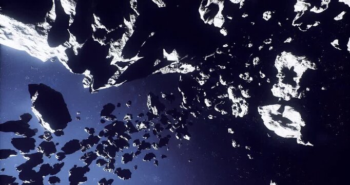 Endless field of floating rocks drifting through silent cosmos, ethereal starlight creates pinprick highlights, weightless motion and slow cadence convey