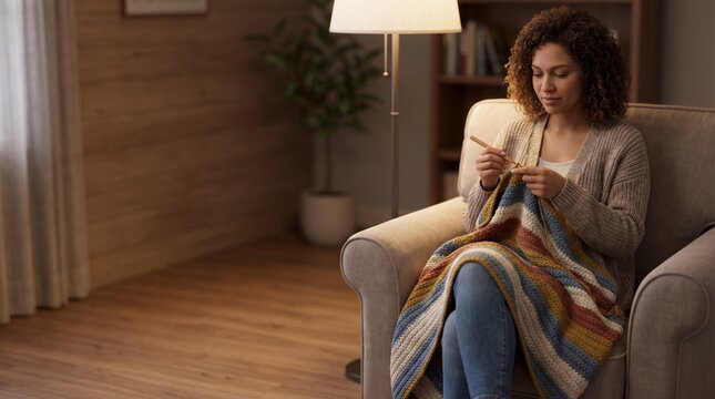 Woman crocheting colorful blanket while sitting on sofa in cozy room  