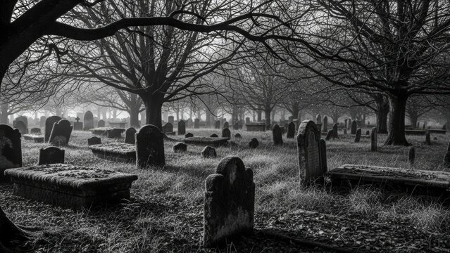 Ancient Tombstones and Ethereal Trees: A haunting image of an old graveyard, where weathered tombstones stand in stark contrast beneath a canopy of bare trees, shrouded in mist.
