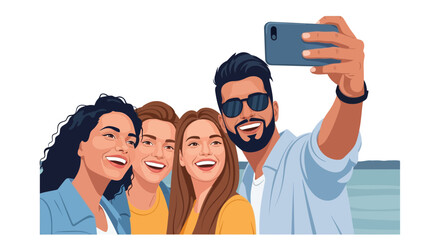 Obraz premium Group of friends taking a selfie at the beach during a sunny day with smiles and laughter
