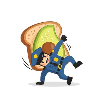Cartoon illustration featuring a police officer character dabbing near a piece of toast with avocado filling, on a white background