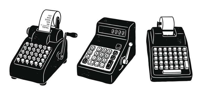 Vintage Adding Machines Vector Linocut Illustration
