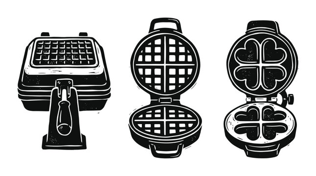 Waffle irons linocut illustration, square, round and heart shaped waffle maker vector
