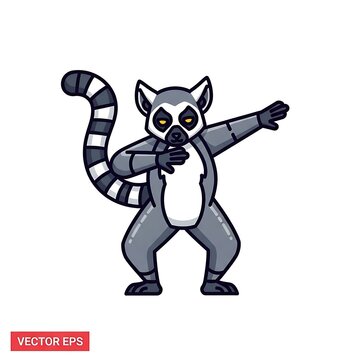 Cartoon illustration featuring a ring-tailed lemur in a dab pose, showcasing a grey and white color palette. Its tail is striped, and it has an expressive face