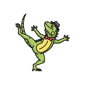 Animated reptile gracefully balancing on one leg, adorned with a hat and bow tie, showcasing whimsical pose and vibrant outline