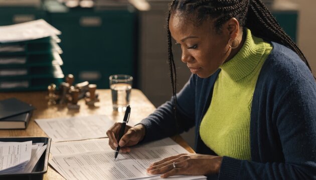 Medium shot of a title agent checking notarized signatures on residential real estate closing papers file folders and stamping tools softly out of focus.