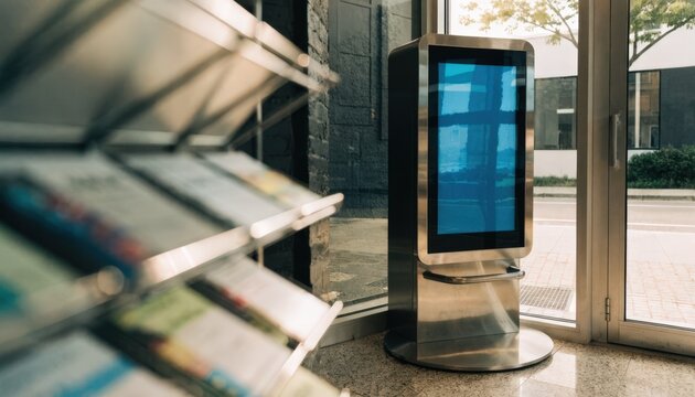 Focused medium shot capturing the corner of a financial branch with a retirement planning kiosk main interactive display clear and nearby brochures blurred.