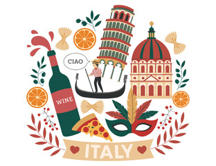 Italy travel icons set with leaning tower of pisa pizza gondola wine bottle and masks art. © MdJubayer