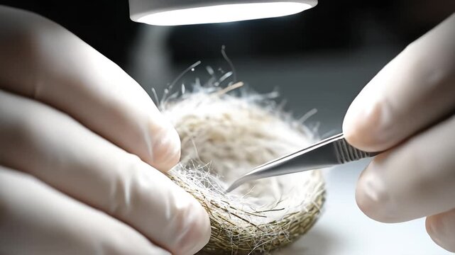 Close-up of gloved hands using tweezers to meticulously pick out feathers and impurities from an edible bird's nest under bright light